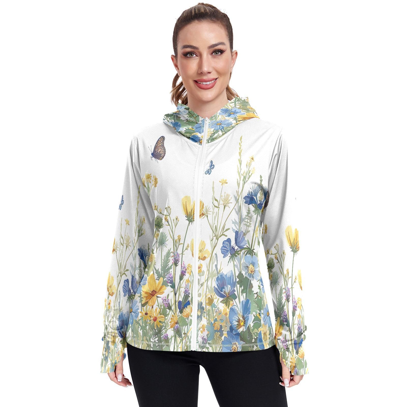 Kigai Flower Women's UPF 50+ Sun Protection Hoodie Jacket with Pocket Zip Long Sleeve Sun Shirt for Gardening Hiking Outdoor