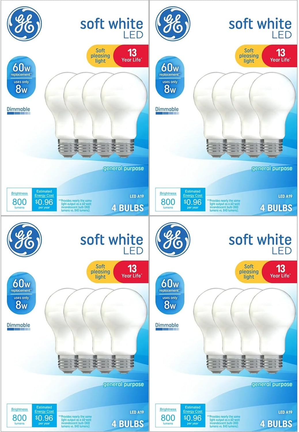 GE 16 Pack LED 60W Equivalent Soft White A19 2700K Light Bulbs, (Soft