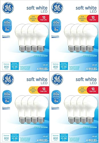 GE Paquete de 16 bombillas LED equivalentes a 60 W blanco suave A19 2700 K, (blanco suave, paquete de 16)