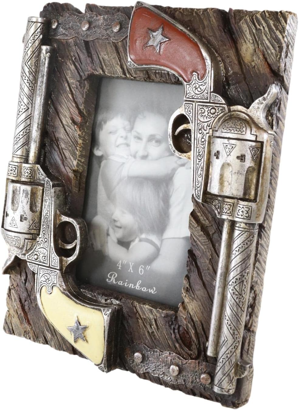Ebros GiftRustic Western Wild West Dual Pistol Revolver Guns 4"X6" Picture Photo Frame With Easel Back Desktop Stand or Wall Hanging Cowboy Cowgirl Desert Old World Themed Accent