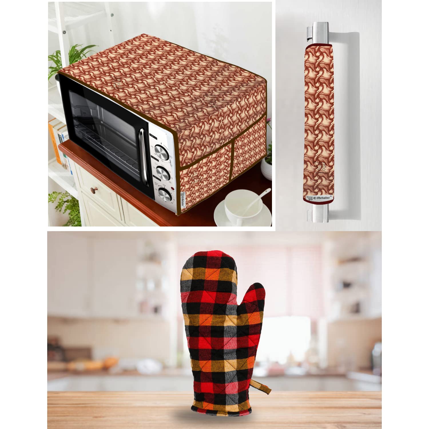 E-Retailer® Exclusive PVC Combo Set of Appliance Cover (1 Pc. of Microwave Oven Top Cover and 1 Pc Handle Cover With 1 Pc Oven Gloves) (Color-Brown, Design-Stripes, Set Contains-3 Pcs.)