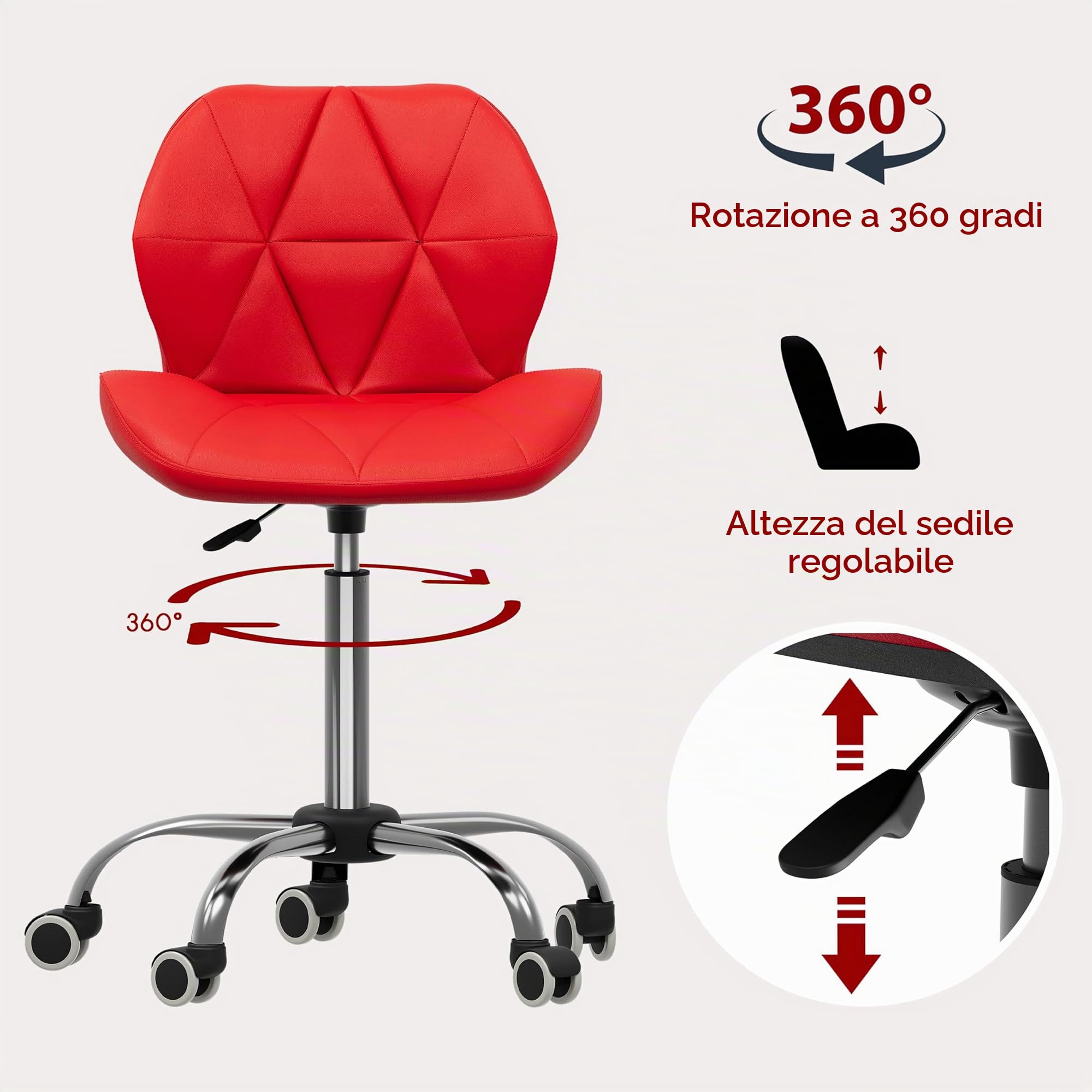 Vida Designs Geo Sedia da Ufficio per Computer, Colore Rosso, con Gambe Regolabili e Girevoli, H 80 96 x W 47.5 x D 49 cm