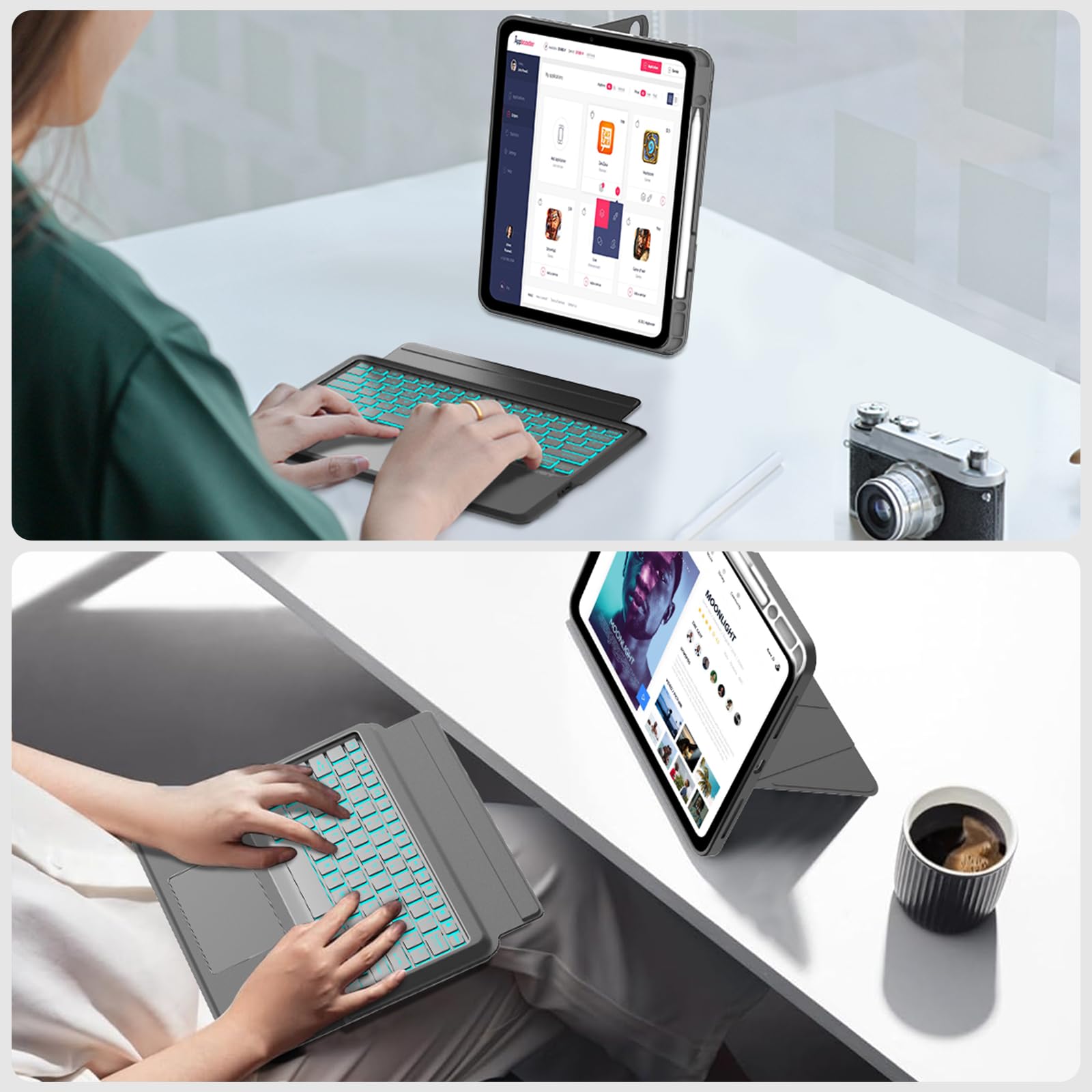 Funda Teclado para iPad Air 13 Pulgadas (M4 2026, M3 2025, M2 2024)/iPad Pro 12.9"(6.ª/5.ª/4.ª/3.ª Gen), Teclado Retroiluminado Bluetooth Desmontable con Trackpad y Soporte Ajustable Multiángulo-Negro