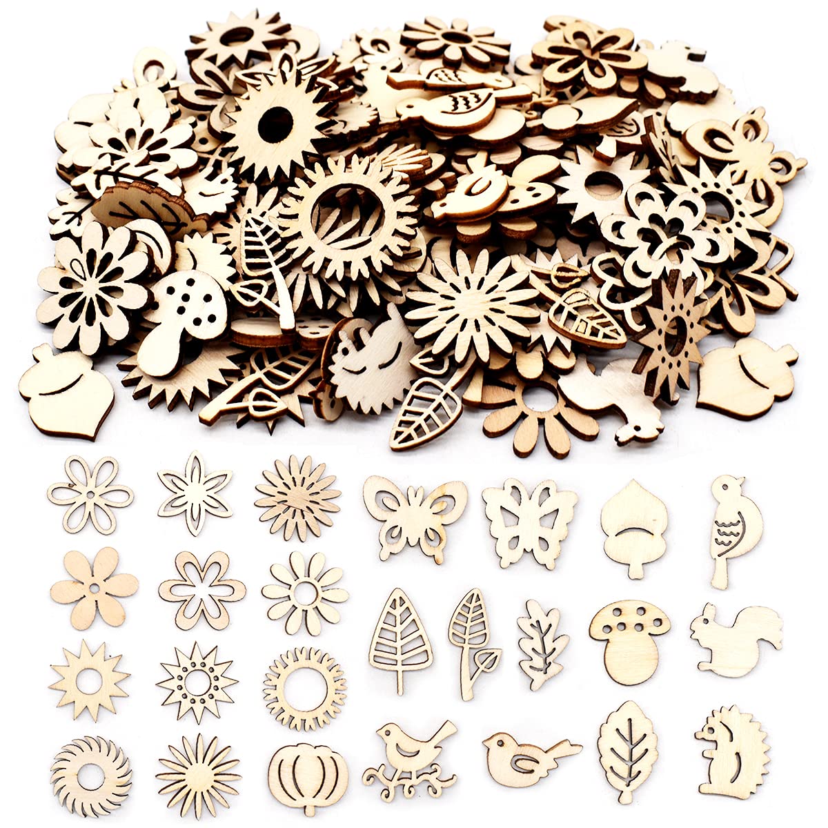 Jicyor Adornos Artesanales Hojas de Madera, 150 piezas formas de animales plantas Rodajas de Flores de Madera DIY para Árbol De Navidad Bodas Manualidades Decoración De Árboles De Mesa