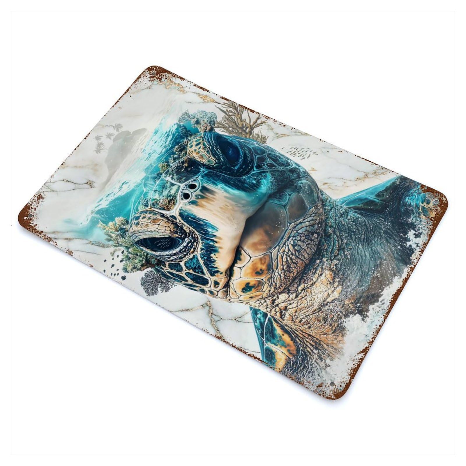 Rust Effect The Turtles World Aged Metal Wall Plaque 11.8"x7.9", Rustic Home Decor for Bistro, Counter And Cafe Decor