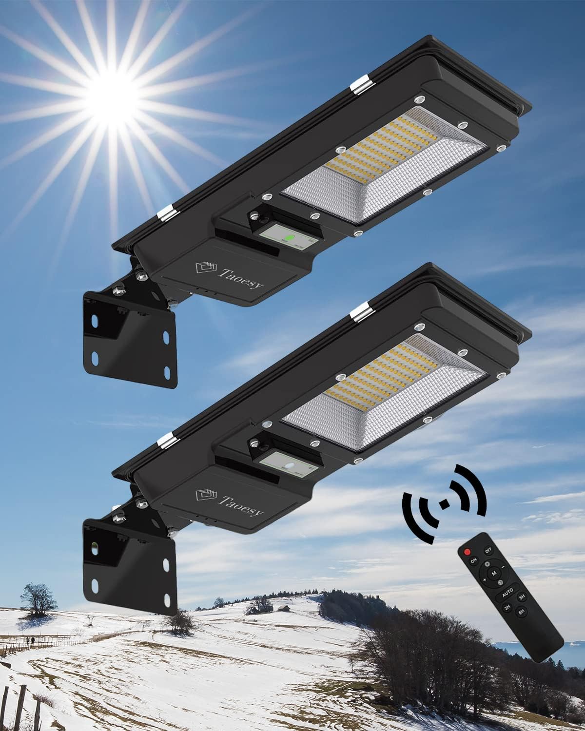 Taoesy 500W 2 Packs Solar Powered Lights Outdoor Remote Control,Dusk to Dawn Outdoor 12000LM Solar Street Light,Solar Commercial Lights with Motion Sensor IP65 Waterproof for Yard,Garden,Parking Lot