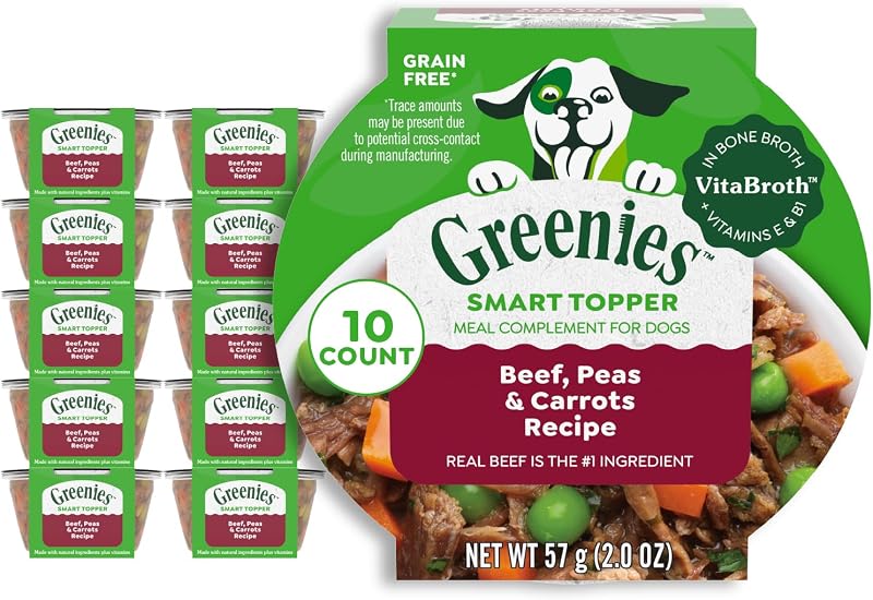 Greenies Smart Topper Wet Dog Food Complement, Beef, 2 oz, 10 ct | Grain-free, Beef, peas & carrots in bone broth, Vitamin E & B1, no artificial flavors or fillers, use as topper or snack