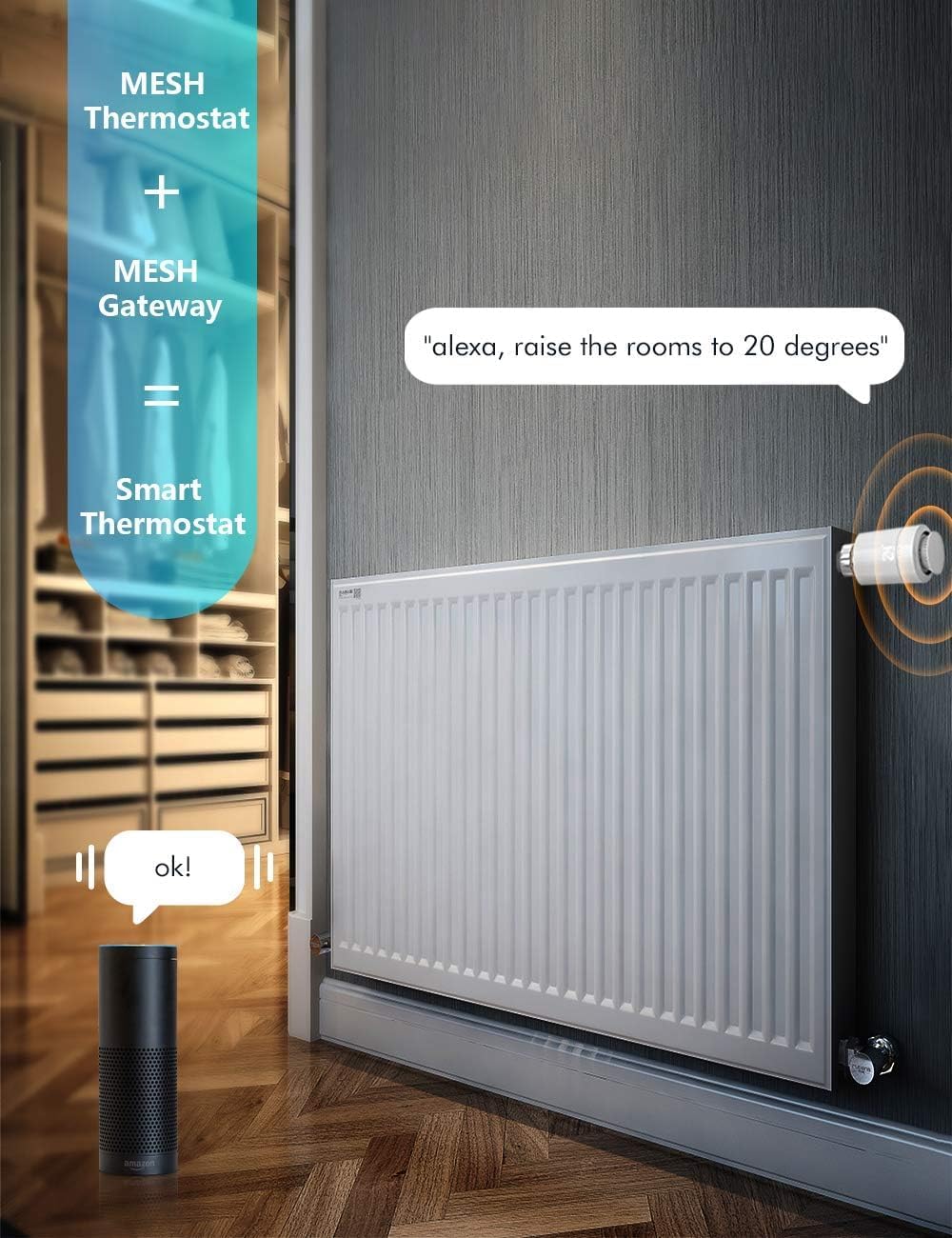 Smart thermostat controlled by voice command via Maxcio Mesh Smart Gateway.