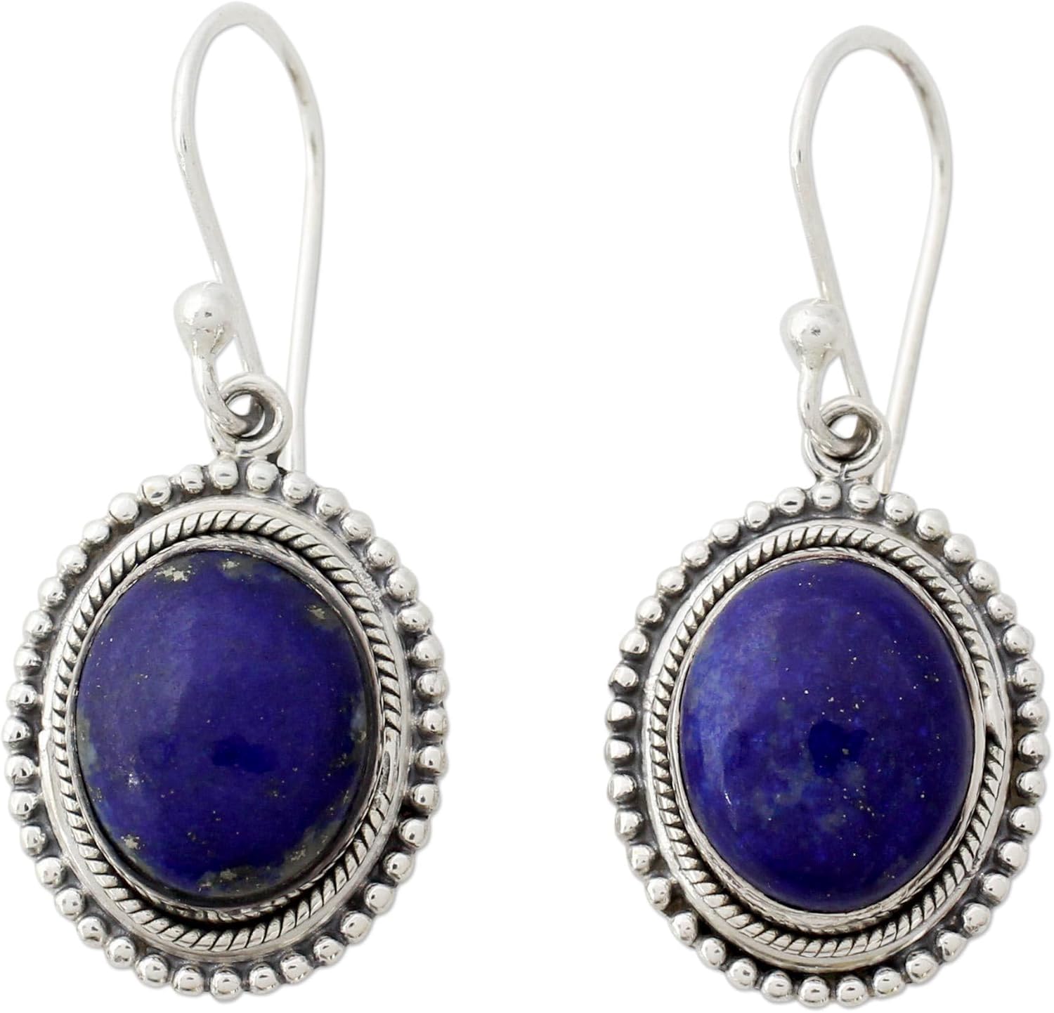 NOVICA Artisan Handmade Lapis Lazuli Dangle Earrings on Artisan Crafted 925 Silver Hook Sterling Blue India Snorkel Birthstone [1.4 in L x 0.6 in W x 0.3 in D] ' True Clarity'
