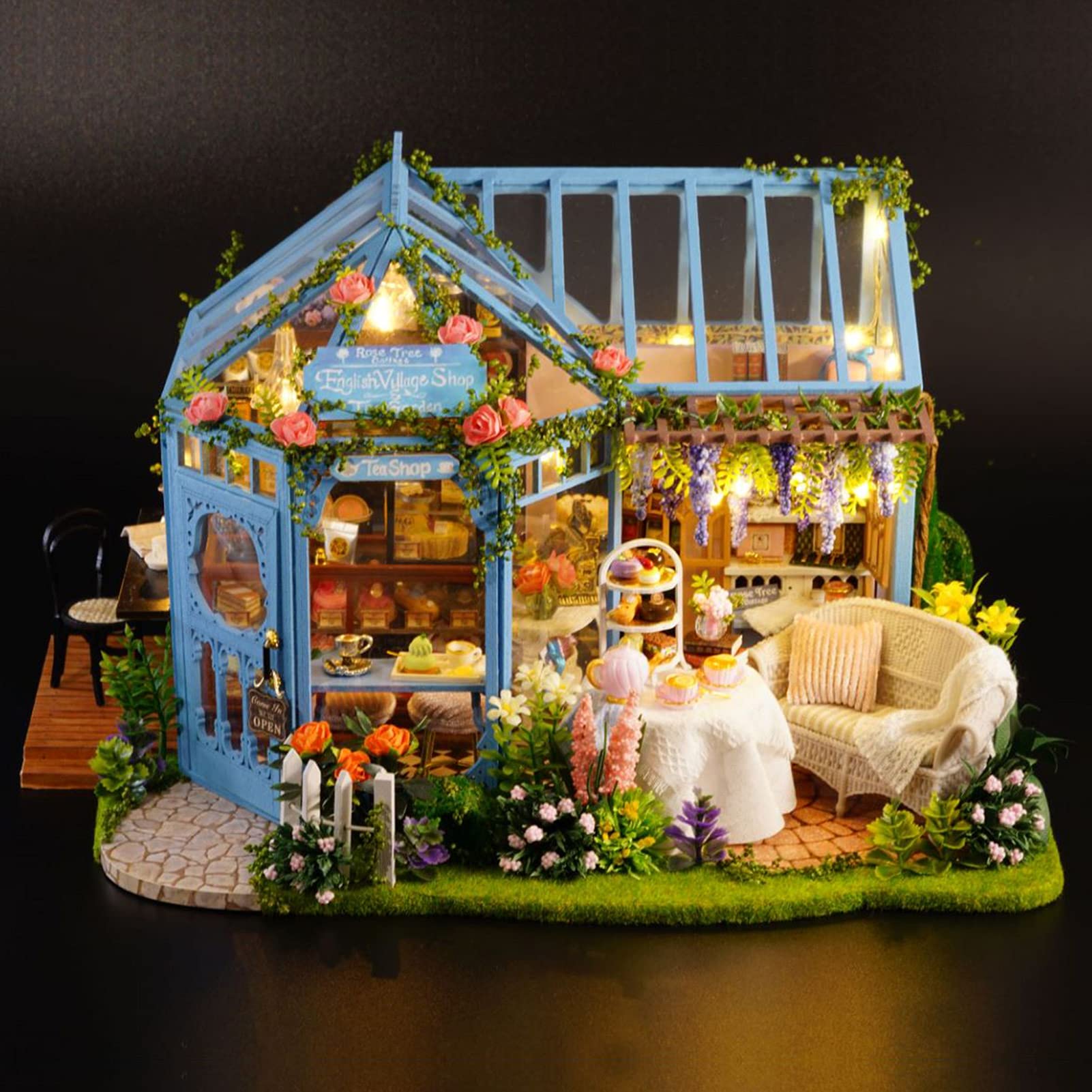 Zestaw Miniaturowy Domek dla Lalek, światła LED średniej Wielkości Drewniany Sztuczny Kwiat Kawiarnia Zestaw Miniaturowy Domek, do Samodzielnego Budowania Domku dla Lalek z Meblami i