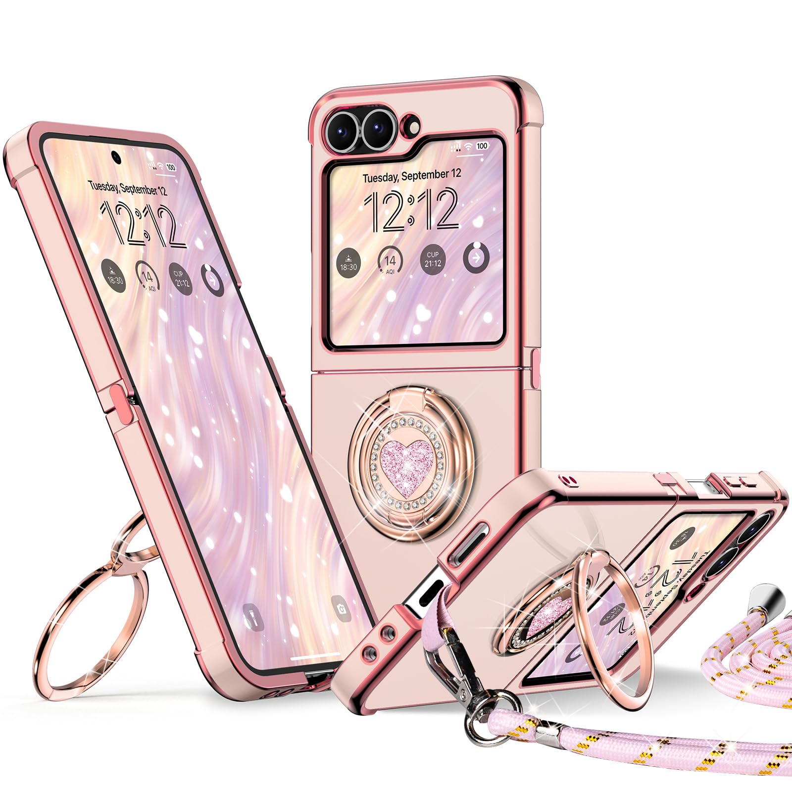 XYZ Coque pour Samsung Galaxy Z Flip 5 / Flip 6, avec Double Anneau de Support Cœur, avec Lanière pour Filles et Femmes, Coque de Protection Luxe Mignonne et Scintillante, Rose
