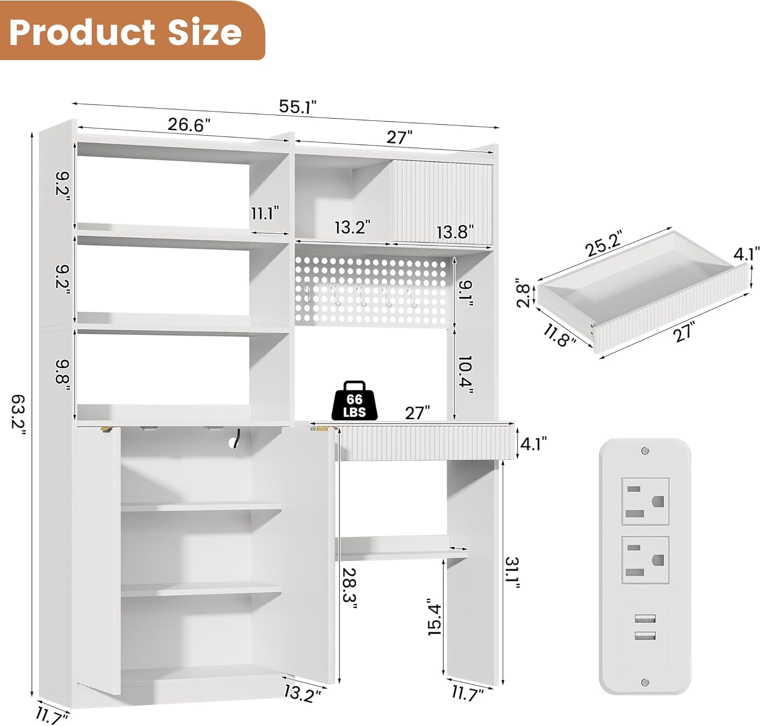 kepptory 63" Tall Computer Desk with Hutch, Fluted Wood Computer Desk, Featuring Charging Station, Drawer and Storage Cabinet, for Home Office Work and Study (White)