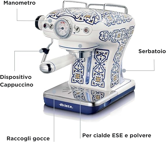 Ariete Capri Espresso Kahve Makinesi 1389/1C - Maxi Cappuccino Cihazı, Süt Köpürtme Başlığı, 850 Watt, 0,9 Litre Çıkarılabilir Su Tankı, Çıkarılabilir Damlama Tepsisi ve Bardak Tutucu