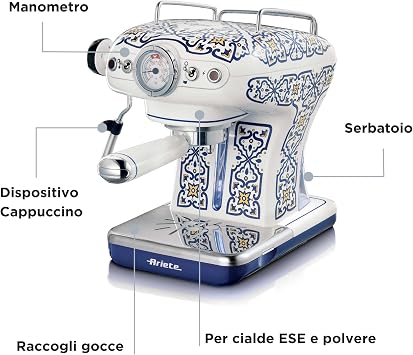 Ariete Capri Espresso Kahve Makinesi 1389/1C - Maxi Cappuccino Cihazı, Süt Köpürtme Başlığı, 850 Watt, 0,9 Litre Çıkarılabilir Su Tankı, Çıkarılabilir Damlama Tepsisi ve Bardak Tutucu