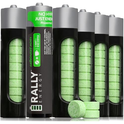 Caffeine Mints by Rally, 60milligram Caffeine, Instant Energy, Fresh Breath Caffeinated Mints, 0 Sugar, Natural Peppermint Flavor (6 Packs, 60 Mints)