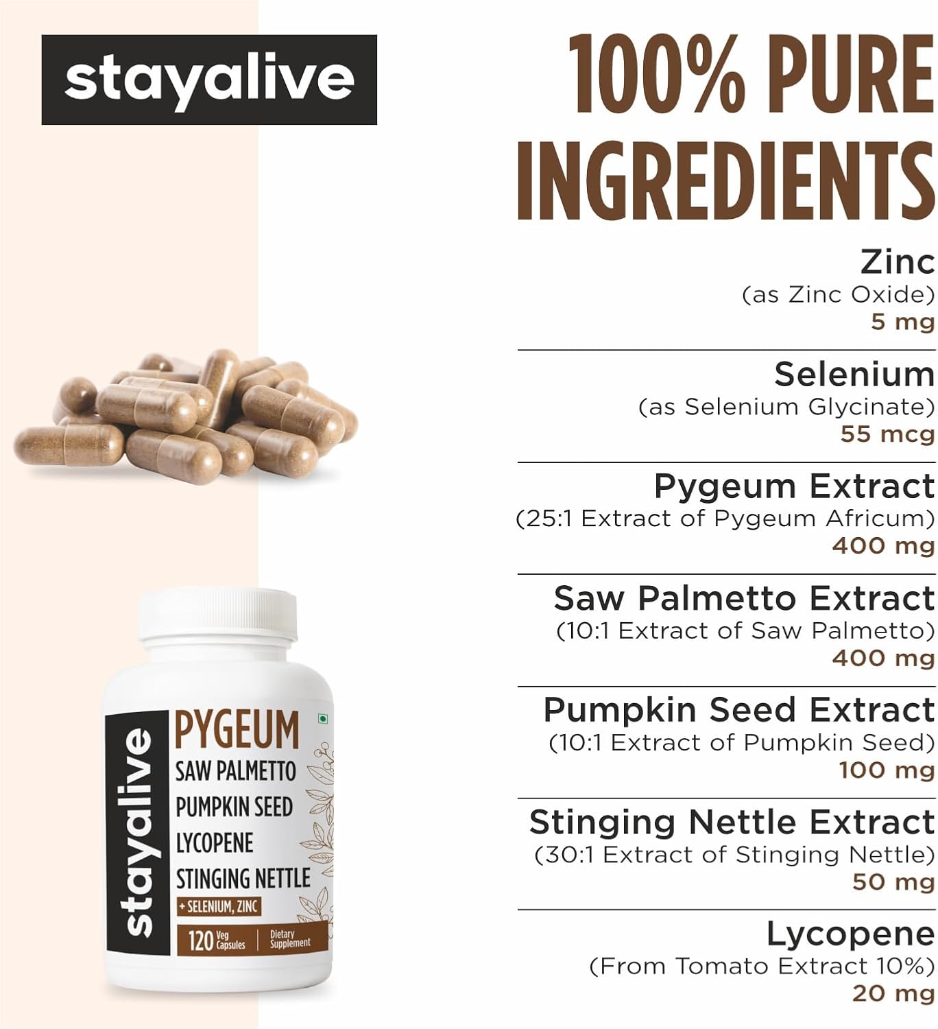 STAY ALIVE Pygeum Africanum Supplement, 7-in-1 Extract w/Saw Palmetto, Pumpkin Seed, Stinging Nettle and Lycopene, 120 Vegan Capsules, Non-GMO and Gluten-Free Pygeum Supplement for Men and Women - Image 3