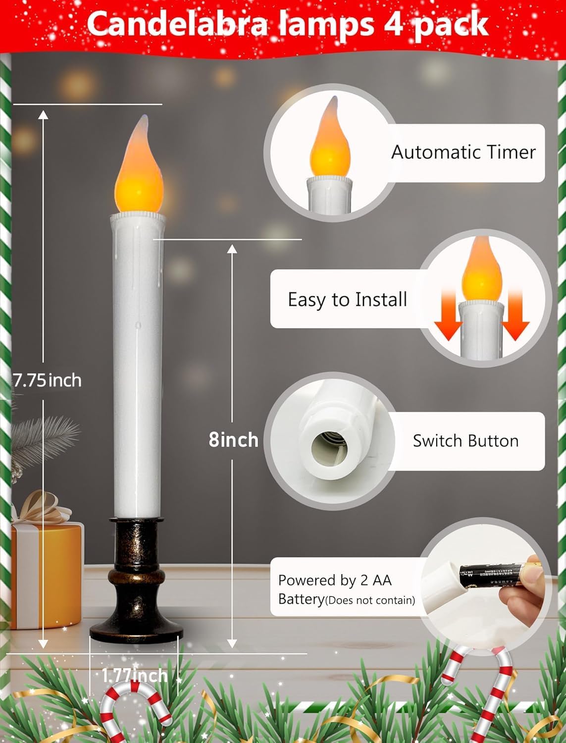 4 Pack Christmas Battery Operated LED Window Candles with Timer, 7.75" Teardrop Flameless Candle Lamp with 4 Suction Cups for Indoor Party Mantels Table Birthday Home Decor, Bronze