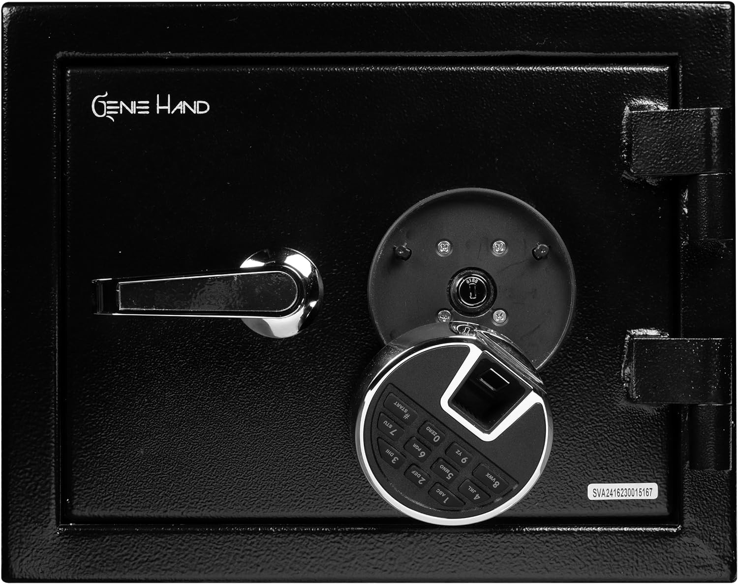 Genie Hand | Cassaforte Elettronica da Armadio Ignifuga conforme agli standard UL/ETL con Apertura con Impronta Digitale, Combinazione o Chiave con Sistema Anti Bounce