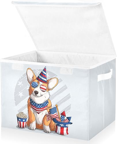 Miniatura 2 de susiyo Welsh Corgi - Cubos de almacenamiento plegables con tapa para el hogar del Día de los Caídos del 4 de julio, organizadores para el hogar,