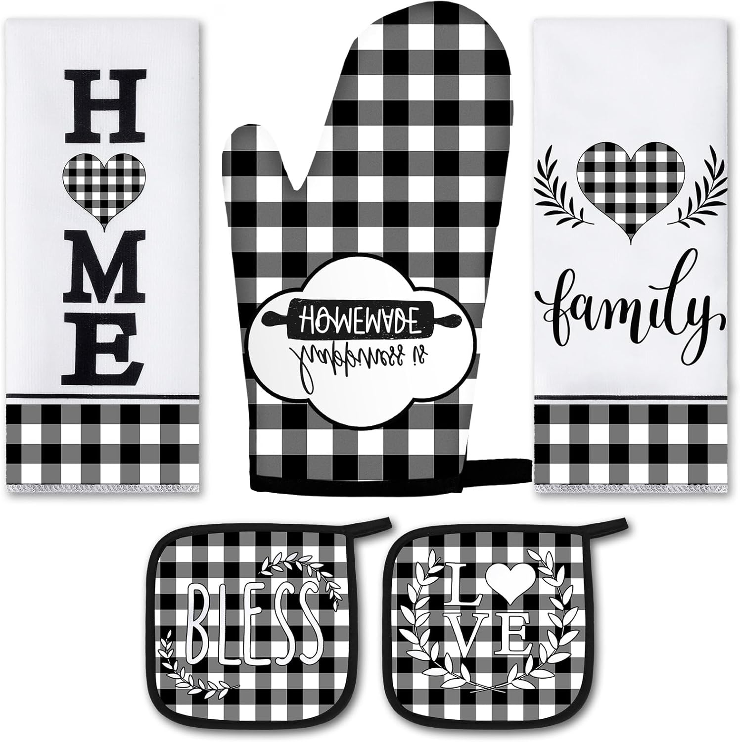 5 Pieces Buffalo Plaid Kitchen Towels Oven Mitts and Pot Holder Set Black and White Kitchen Towels Oven Gloves, Hot Pads Pot Holders for Farm House Accessories Decor(Heart)