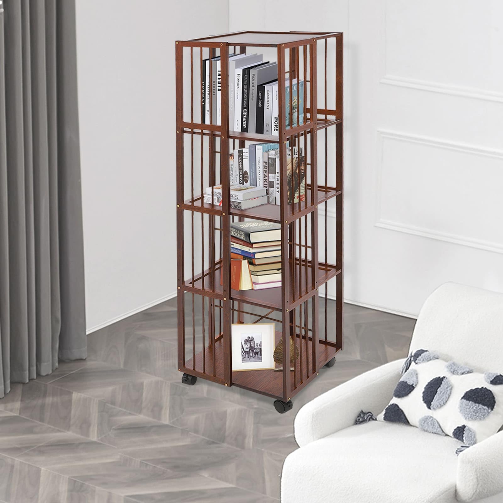 Librería giratoria de bambú con ruedas, estante para libros móviles de 5 niveles, 37 x 37 x 132 cm, para libros, álbumes, plantas