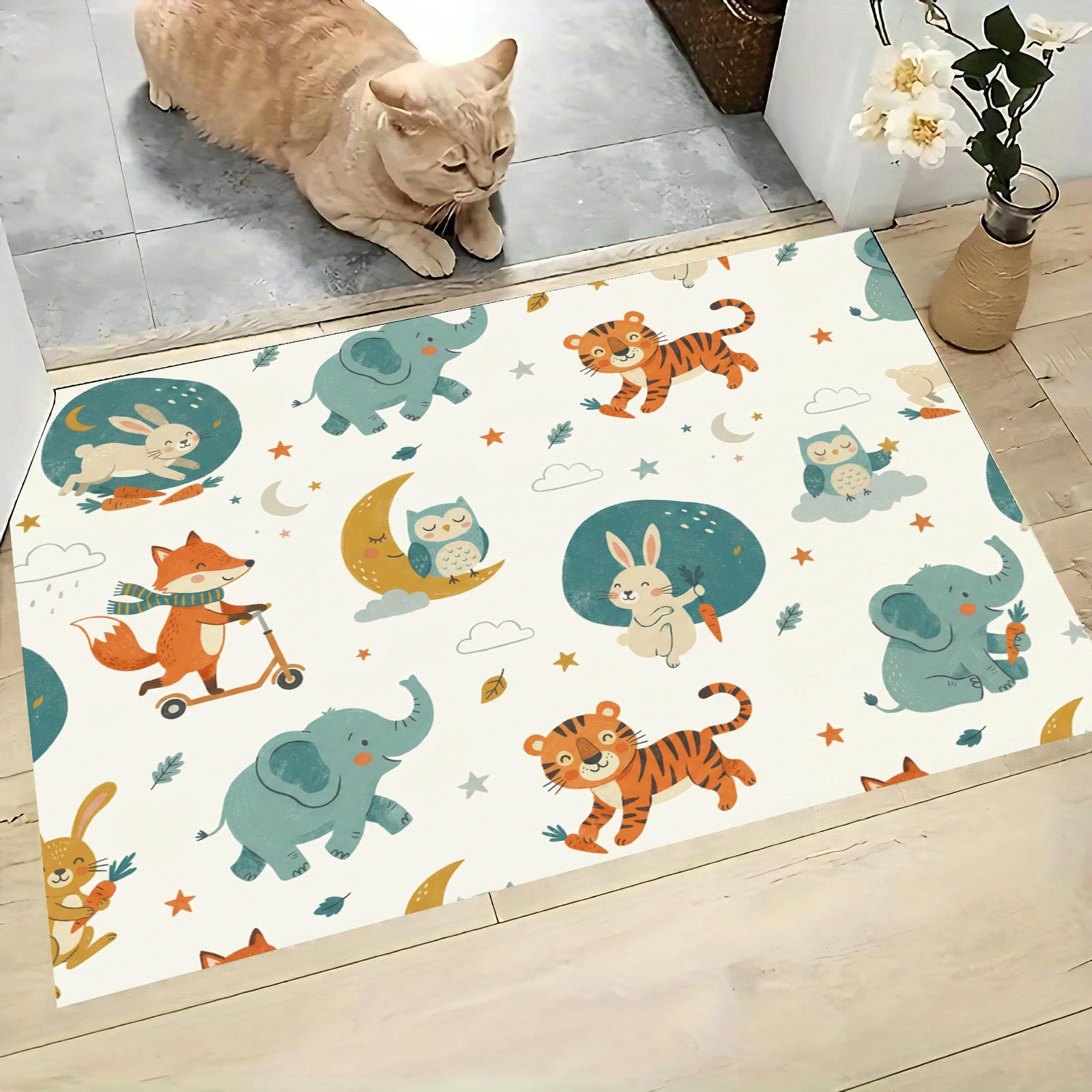 Felpudo de Entrada Conejo Elefante Luna, 80x120cm Alfombra para Puerta Animales Nocturnos Bosque, Antideslizante, Lavable Alfombrilla para Atrapar Suciedad para Pasillo, Cocina, Dormitorio