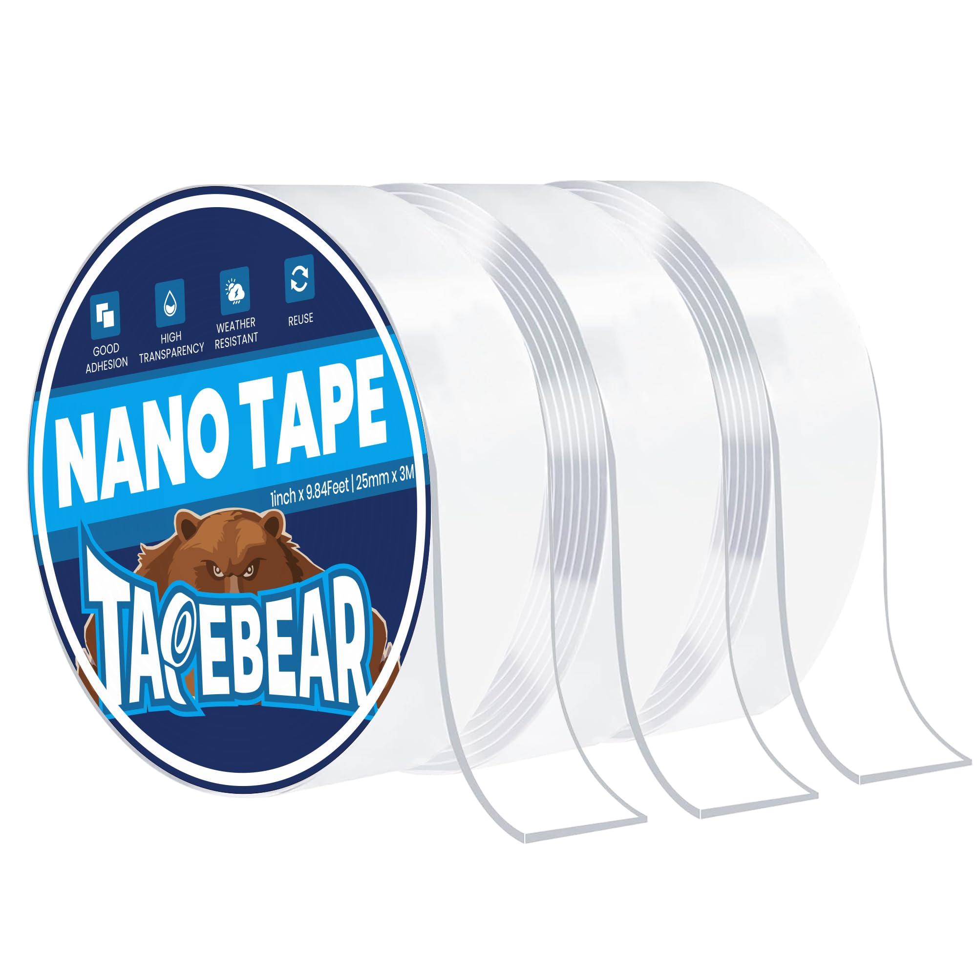 TAPEBEAR Nano Tape Double Sided Tape Heavy Duty 2.5cm x 3m, Reusable Strong Mounting Tape, Clear Gel Wall Sticky Adhesive Strips, Removable, Traceless for Hanging Picture, Poster, Carpet Fixed, 3Rolls