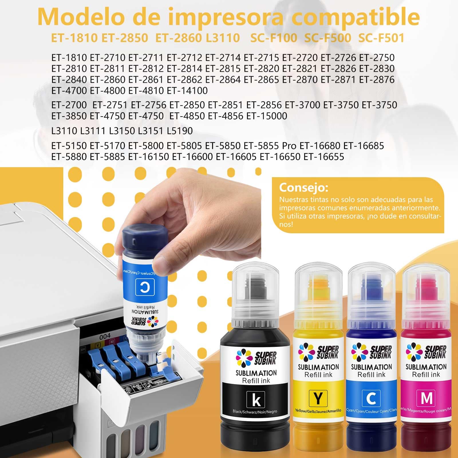 Tinta Sublimación para Epson Ecotank 1810 ET-2870 ET-2871 ET-2865 ET-15000 ET-2810 ET-2856 ET-2870, Tinta de Sublimación