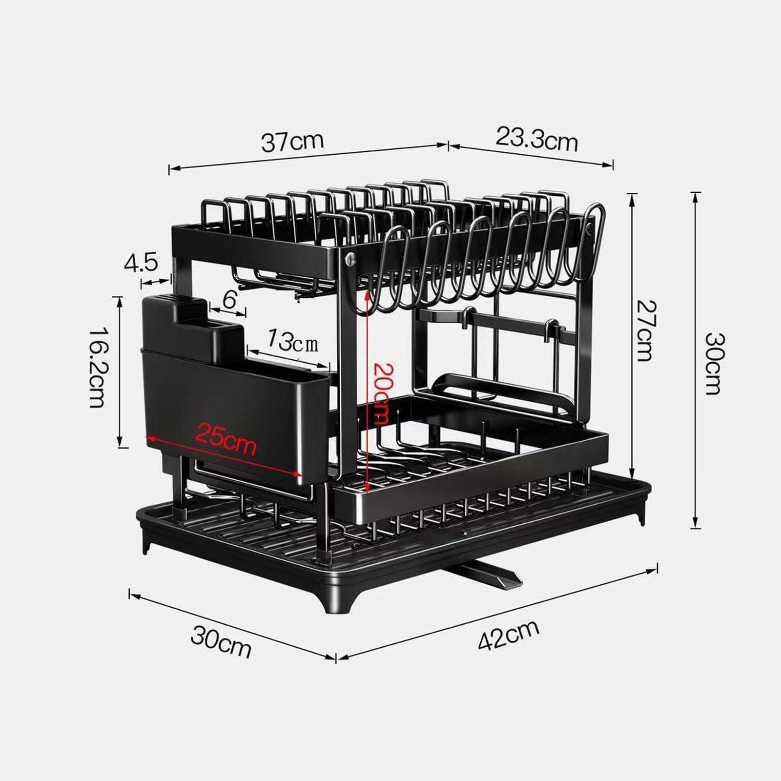 Escurridor de platos de 2 niveles con soporte para cubiertos y secadora de tazas, ahorra espacio, para cocinas pequeñas, drenaje eficiente y secado negro