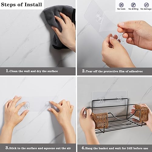 Miniatura 5 de MeimeiDe Organizador de ducha adhesivo estantes de ducha de baño de ratán sin perforación, soporte para champú a prueba de óxido para pared de