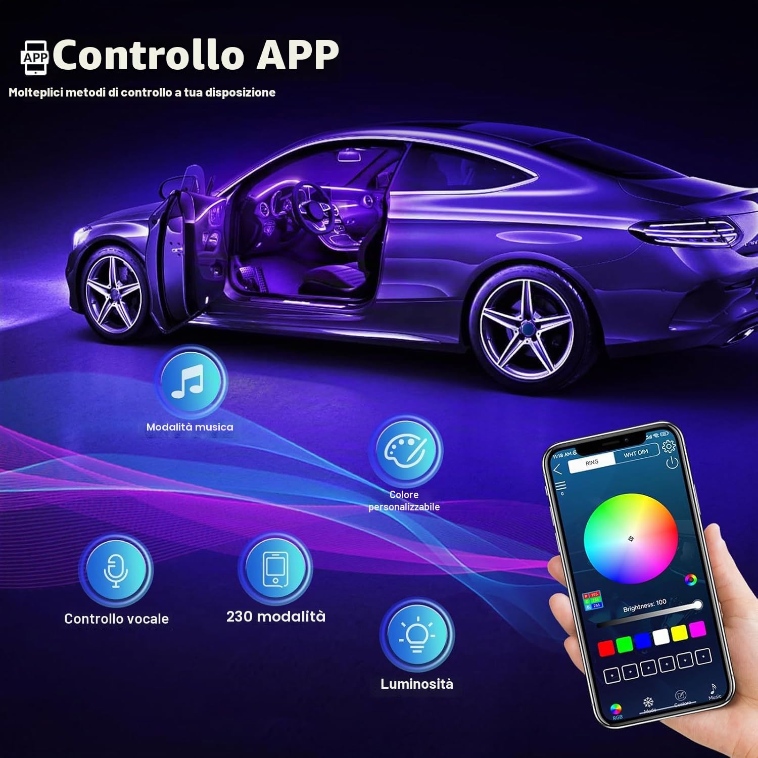 Striscia LED interna per auto in acrilico con APP wireless, accessori per auto 6 in 1 con 145 cm 593 LED, kit di illuminazione ambientale per auto in fibra ottica, striscia LED neon RGB con