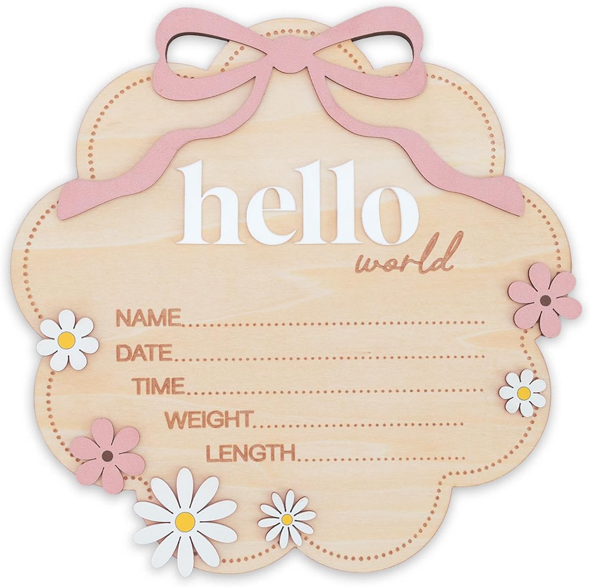 Hello World Wooden Baby Birth Announcement Sign with Pink Bow, Cloud Shape Floral Newborn Name Date Time Weight Length Board, Baby Girl Nursery Photo Prop (Light Pink)