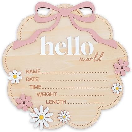 Hello World Wooden Baby Birth Announcement Sign with Pink Bow, Cloud Shape Floral Newborn Name Date Time Weight Length Board, Baby Girl Nursery Photo Prop (Light Pink)