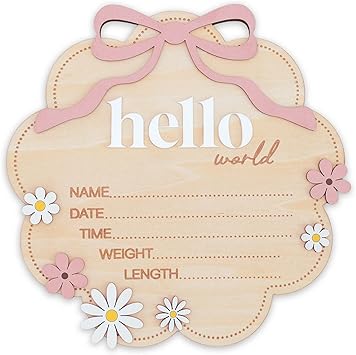 Hello World Wooden Baby Birth Announcement Sign with Pink Bow, Cloud Shape Floral Newborn Name Date Time Weight Length Board, Baby Girl Nursery Photo Prop (Light Pink)