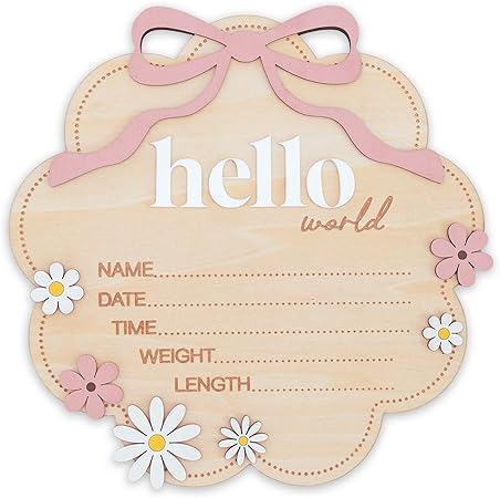 Hello World Wooden Baby Birth Announcement Sign with Pink Bow, Cloud Shape Floral Newborn Name Date Time Weight Length Board, Baby Girl Nursery Photo Prop (Light Pink)