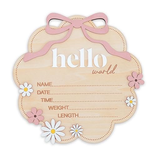 Hello World Wooden Baby Birth Announcement Sign with Pink Bow,