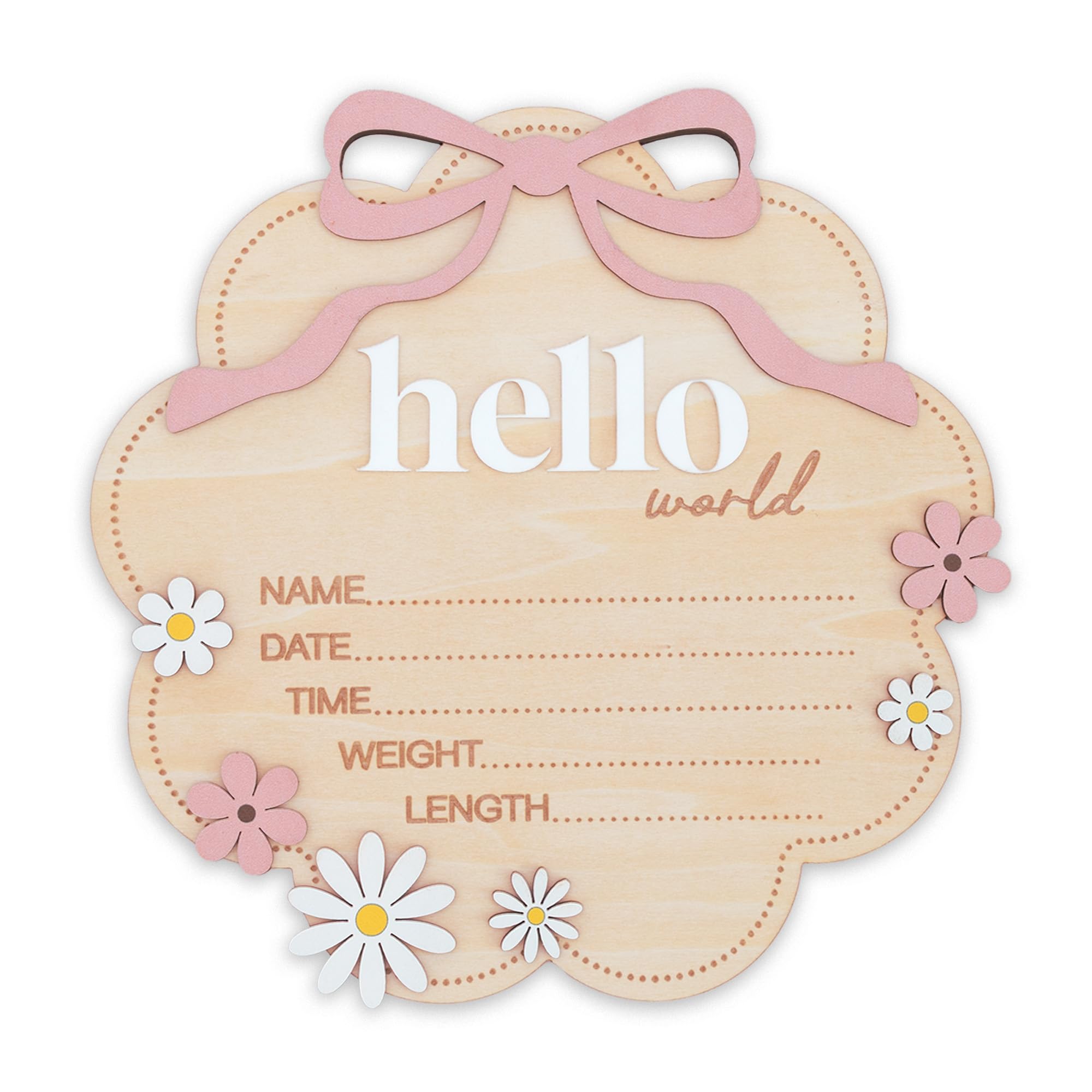 TTMerriwood Hello World Wooden Baby Birth Announcement Sign with Pink Bow, Cloud Shape Floral Newborn Name Date Time Weight Length Board, Baby Girl Nursery Photo Prop (Light Pink) - 1