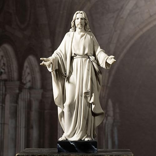 Estatua de Jesús de 12 pulgadas pintada a mano con aspecto de mármol Jesucristo con brazos abiertos, decoración religiosa para el hogar, escultura