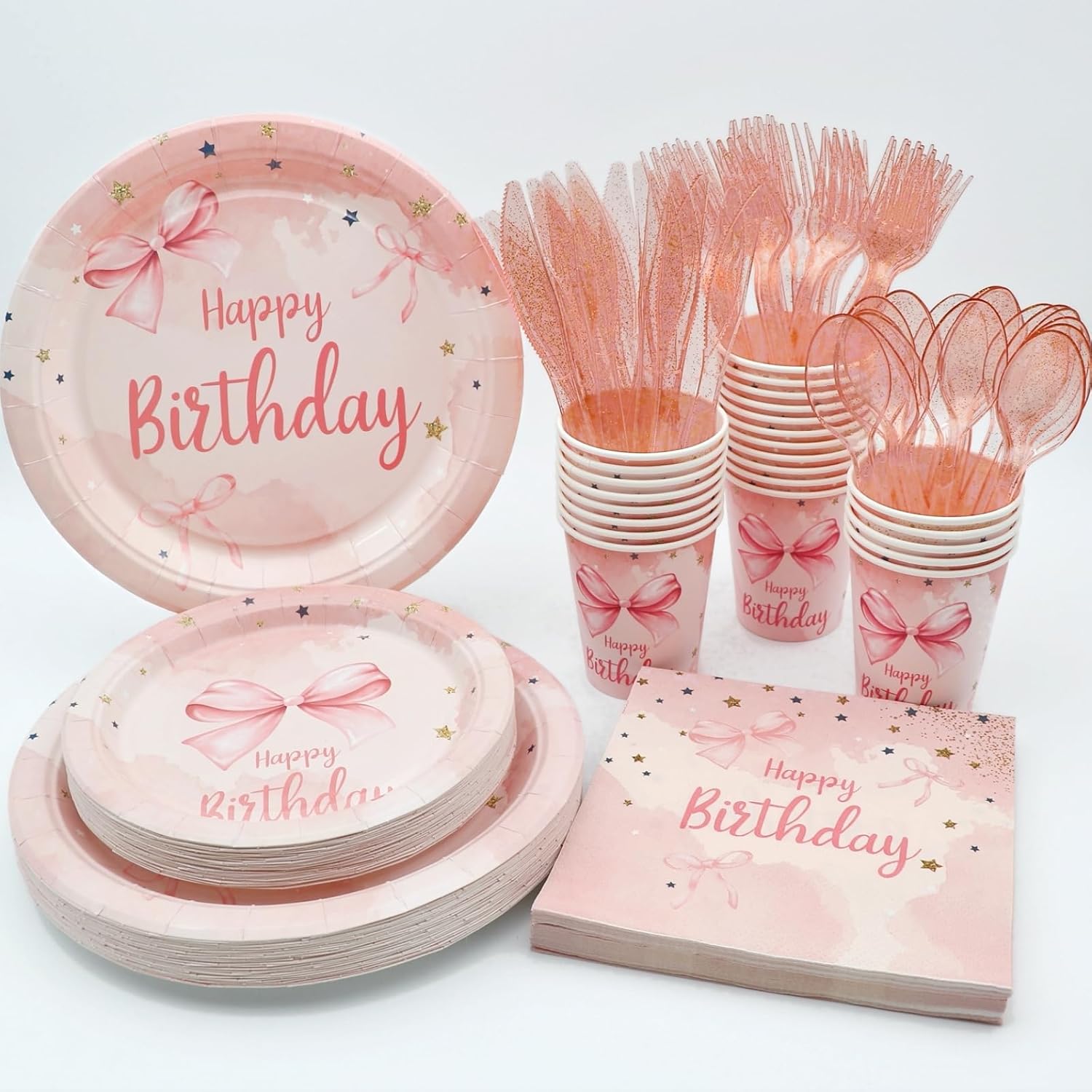 175PCS Pink Bow Birthday Plates and Napkins Party Supplies, Disposable Pink Bow Party Paper Plates for 25 Guests Gold Dot Plastic Forks Knives Spoons Paper Napkins Cups for Girls Coquette Birthday