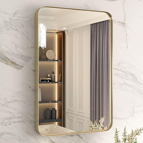 Miniatura 9 de Espejo de baño dorado de 22 x 30 pulgadas, espejo rectangular con marco de metal cepillado con esquina redondeada, espejo de tocador de baño dorado