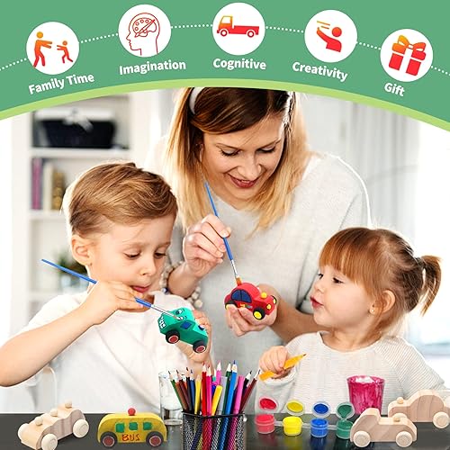 Miniatura 4 de HuaQue Coches de madera sin terminar, vienen con 18 autos de juguete de madera sin terminar y 1 juego de colores de pintura para que los niños pinten