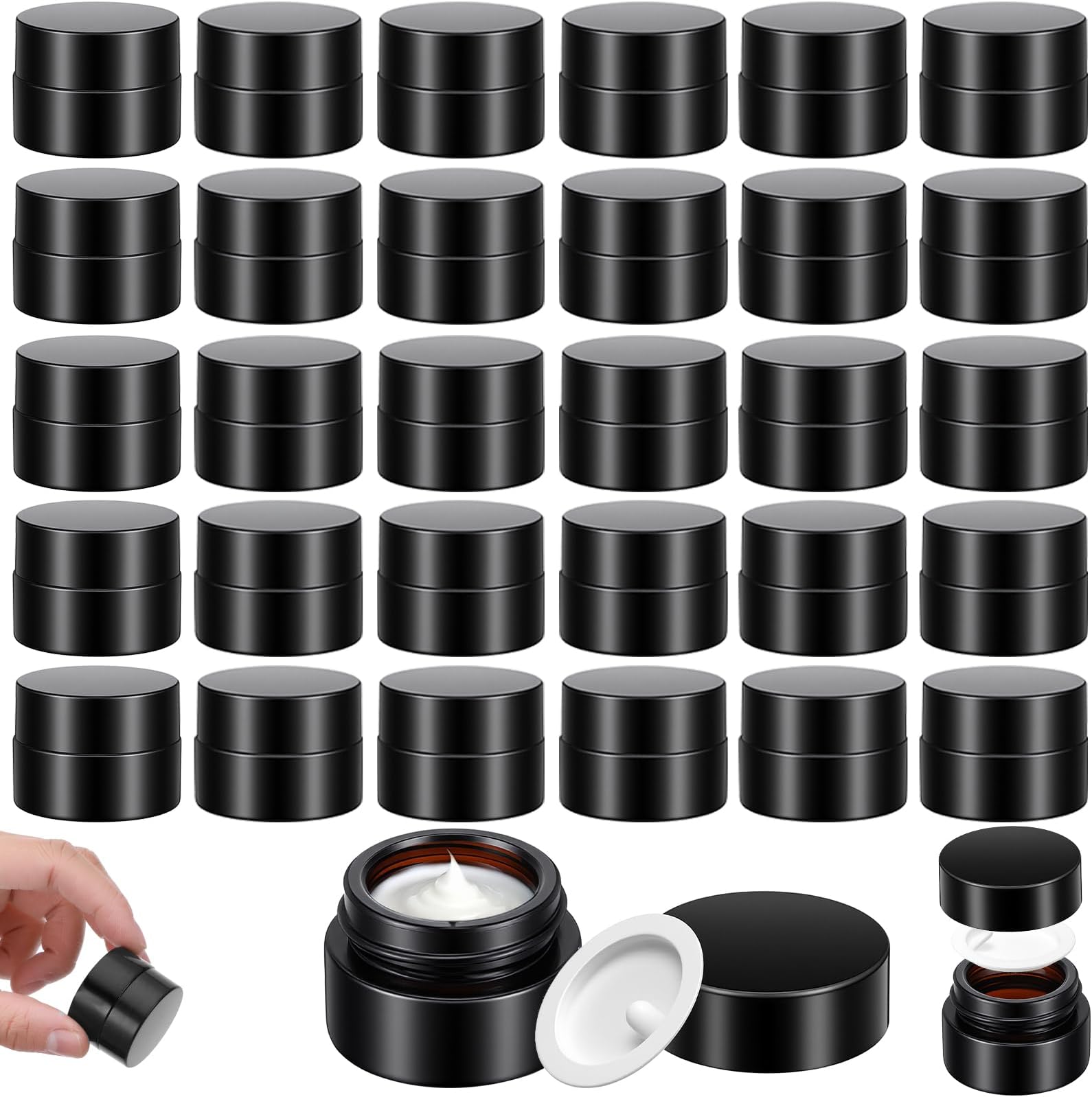 30 Pack Small Sample Containers with Lids, 5ml Amber Glass Sample Jars for Cosmetics, UV Protection Refillable Mini Jars for Skincare, Cream, Essential Oil Storage (1.3" x 1.3" x 1")