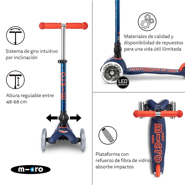 Foto 4 de 8 de Patinete 3 Ruedas Mini Micro Deluxe Azul Marino Plegable LED