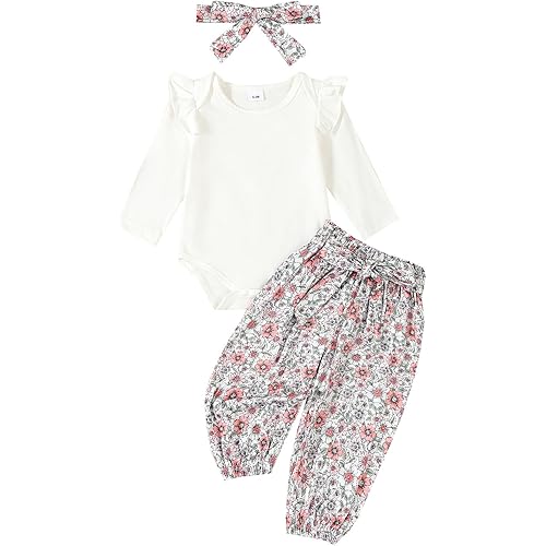 Kaipiclos Newborn Infant Girl Clothes Rib Knit Romper Daisy Print Pants Headband Baby Clothes for Girls 0 3 6 12 18 24 Months
