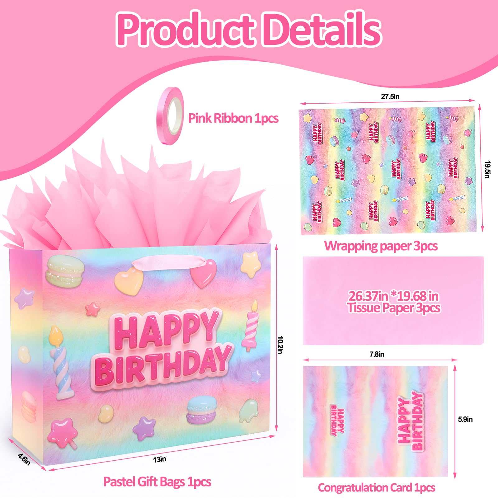 BSRESIN 13”Pink Happy Birthday Gift Bag with Tissue Paper, Wrapping Paper and Card, Medium Size Pastel Birthday Gift Bag for Girls, Women, Party Gift Wrap Supplies
