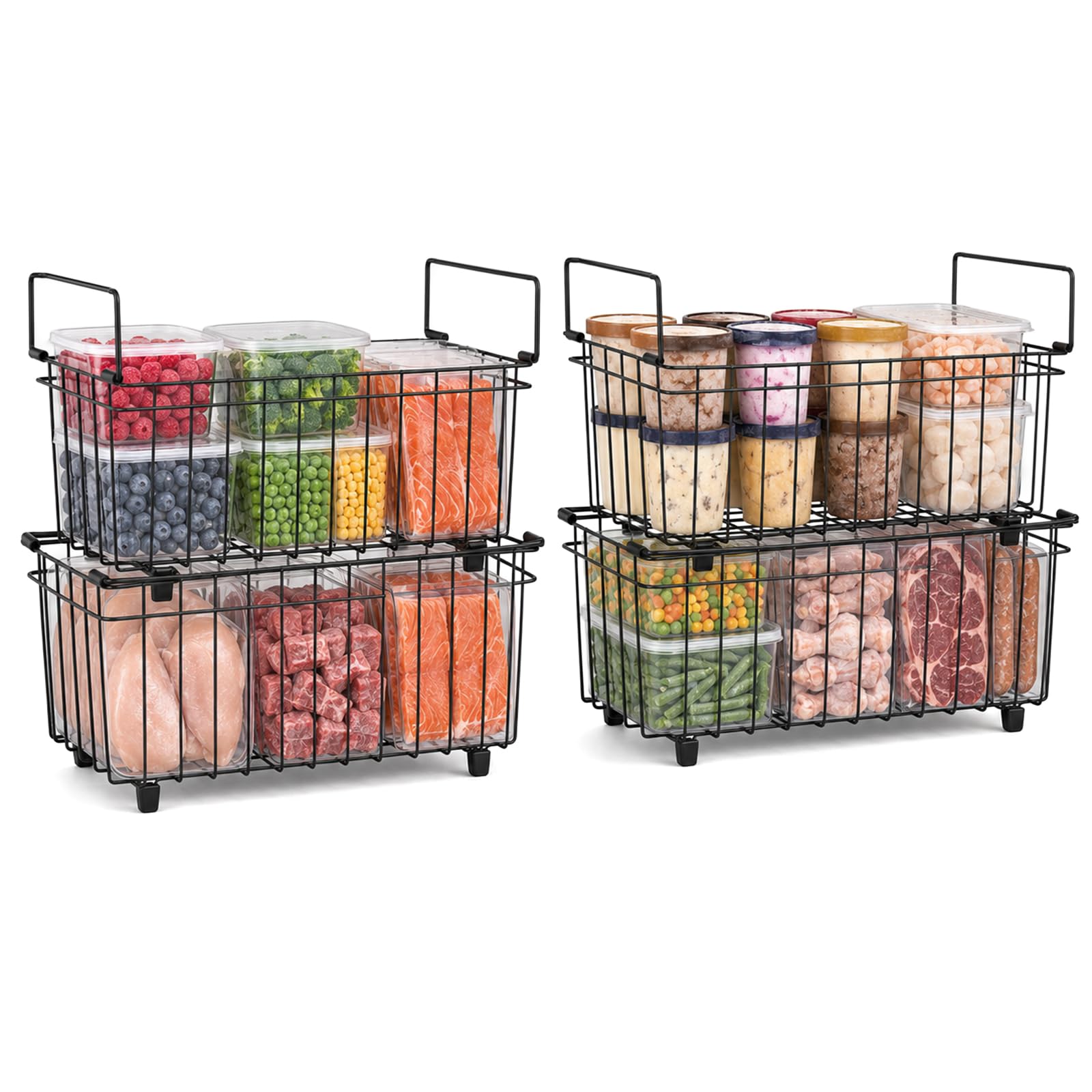 Fushabana 4 Pack Chest Freezer Baskets Organiser Storage Boxes - Stackable Kitchen Wire Rack for 142L Deep, Pantry Metal Shelf with Fold down Handle