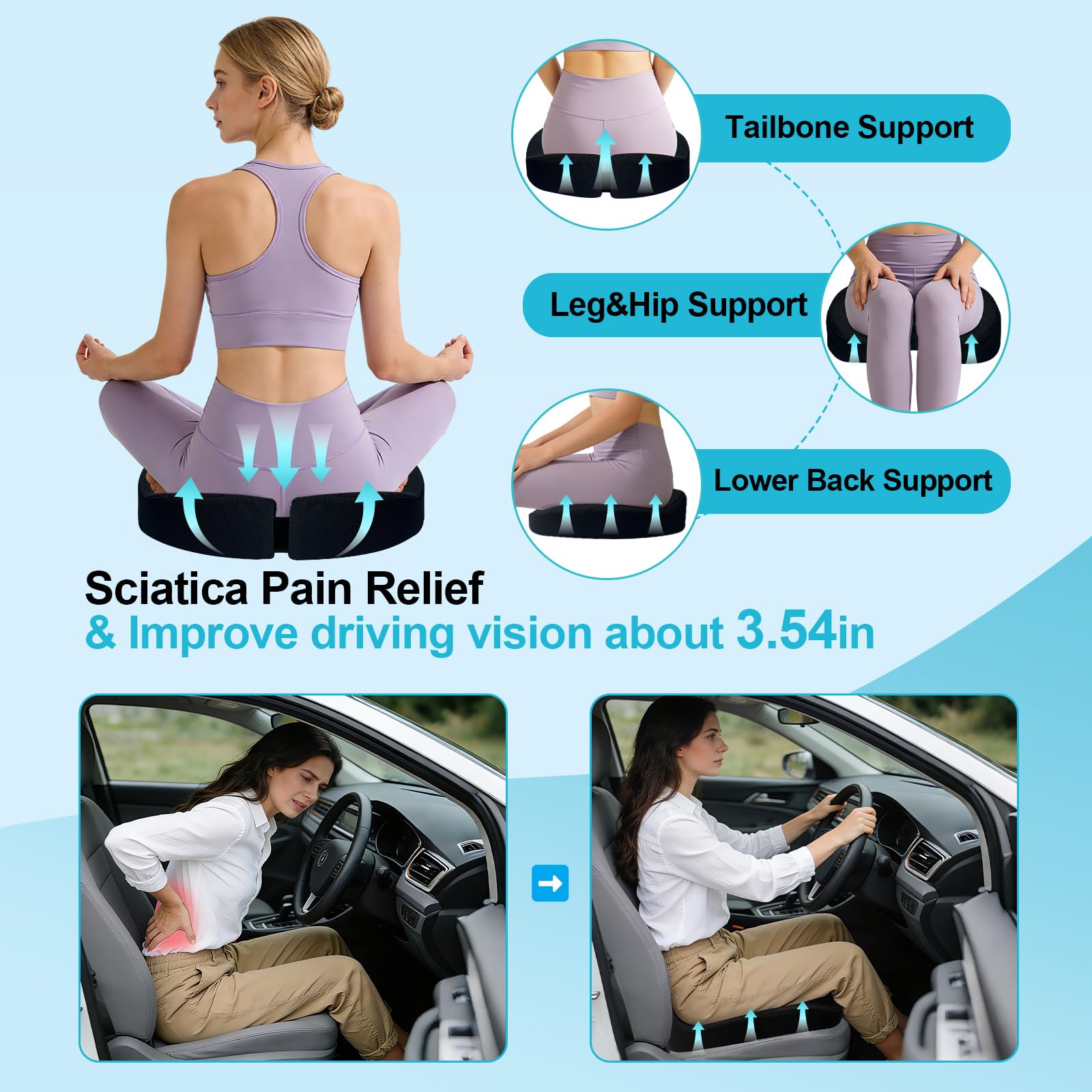 Upgrades - Cojín de espuma viscoelástica para asiento de coche para conducir, gel de panal de abeja, transpirabilidad mejorada y apoyo ortopédico para coxis, coxis, ciática y dolor de espalda,