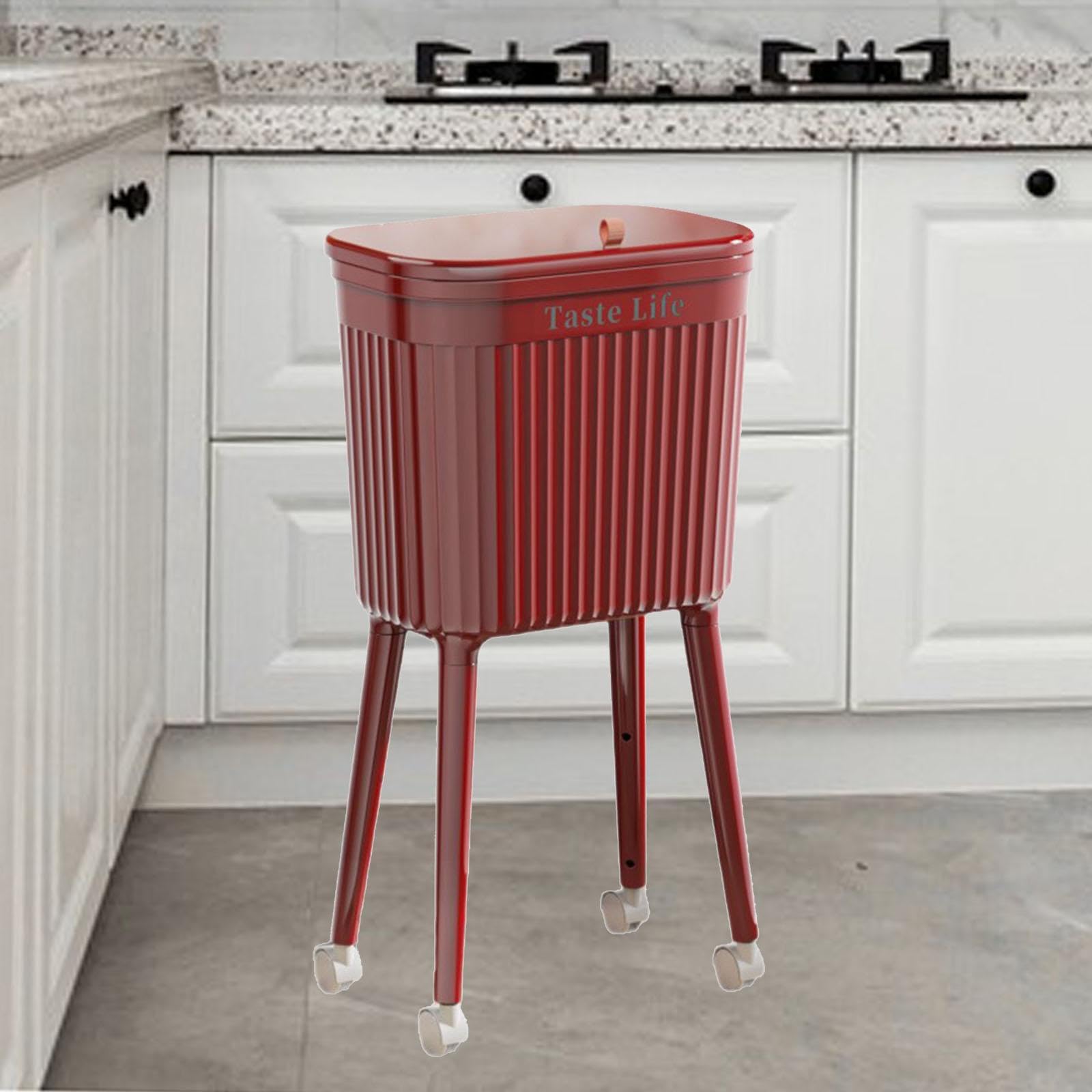 Yajuyi Cubo de Basura Alto con Ruedas, 16 L, Portátil Y Elegante, Ideal para Restaurantes, Cocinas, Baños Y Habitaciones de Huéspedes, Rojo, Individual