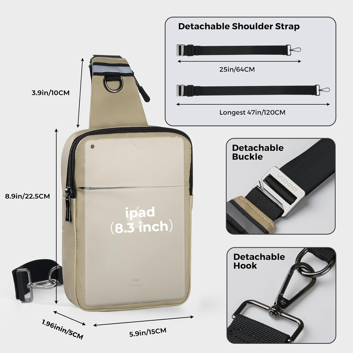 VADOO Sling Bag, Crossbody Bags with RFID & Water Resistant for Women and Men Small Faux Leather Chest Bag for Travel, Khaki - Image 2