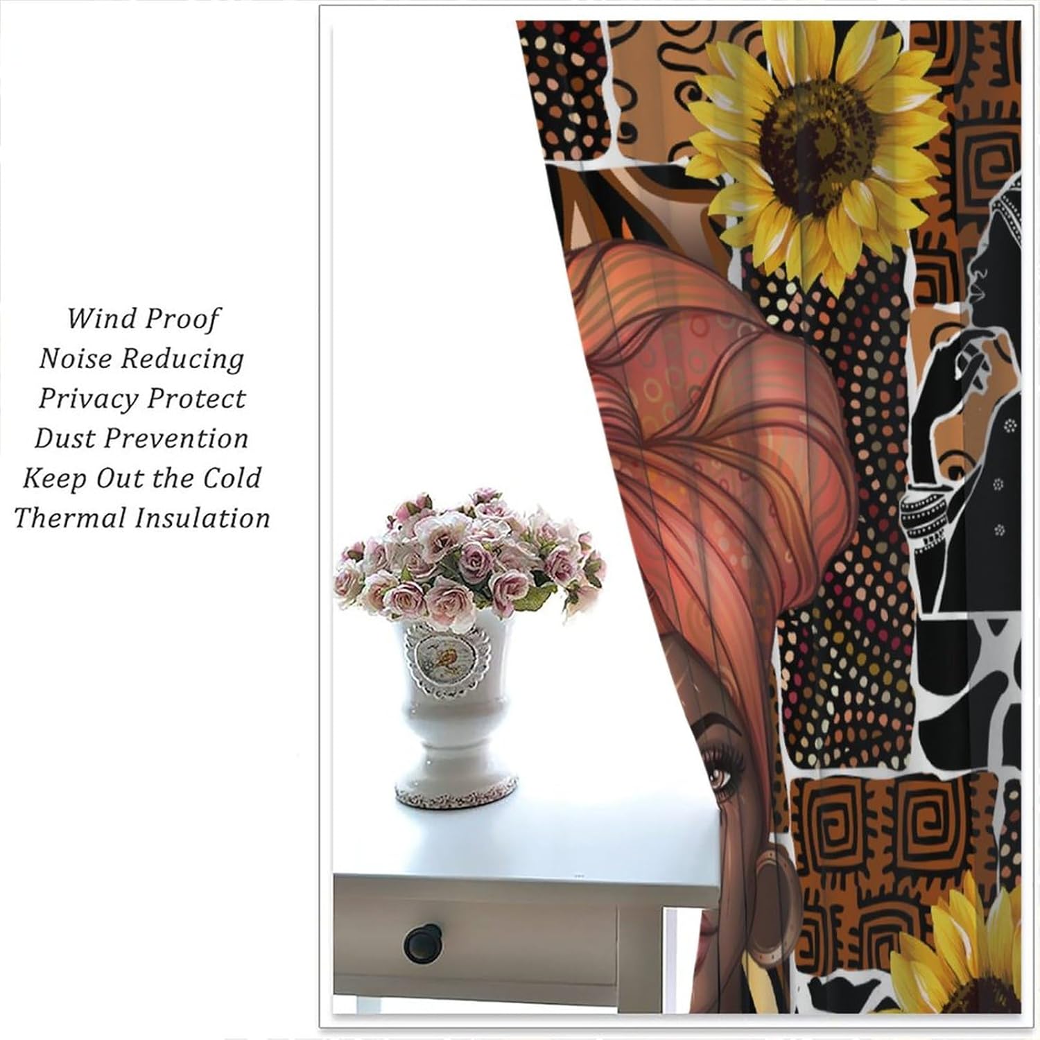 JESTRONRY Black Girl Curtain,Sunflower Elegant African American Lady Boho Theme Blackout Rod Pocket Window Drapes for Living Room Bedroom Bathroom 42x54in